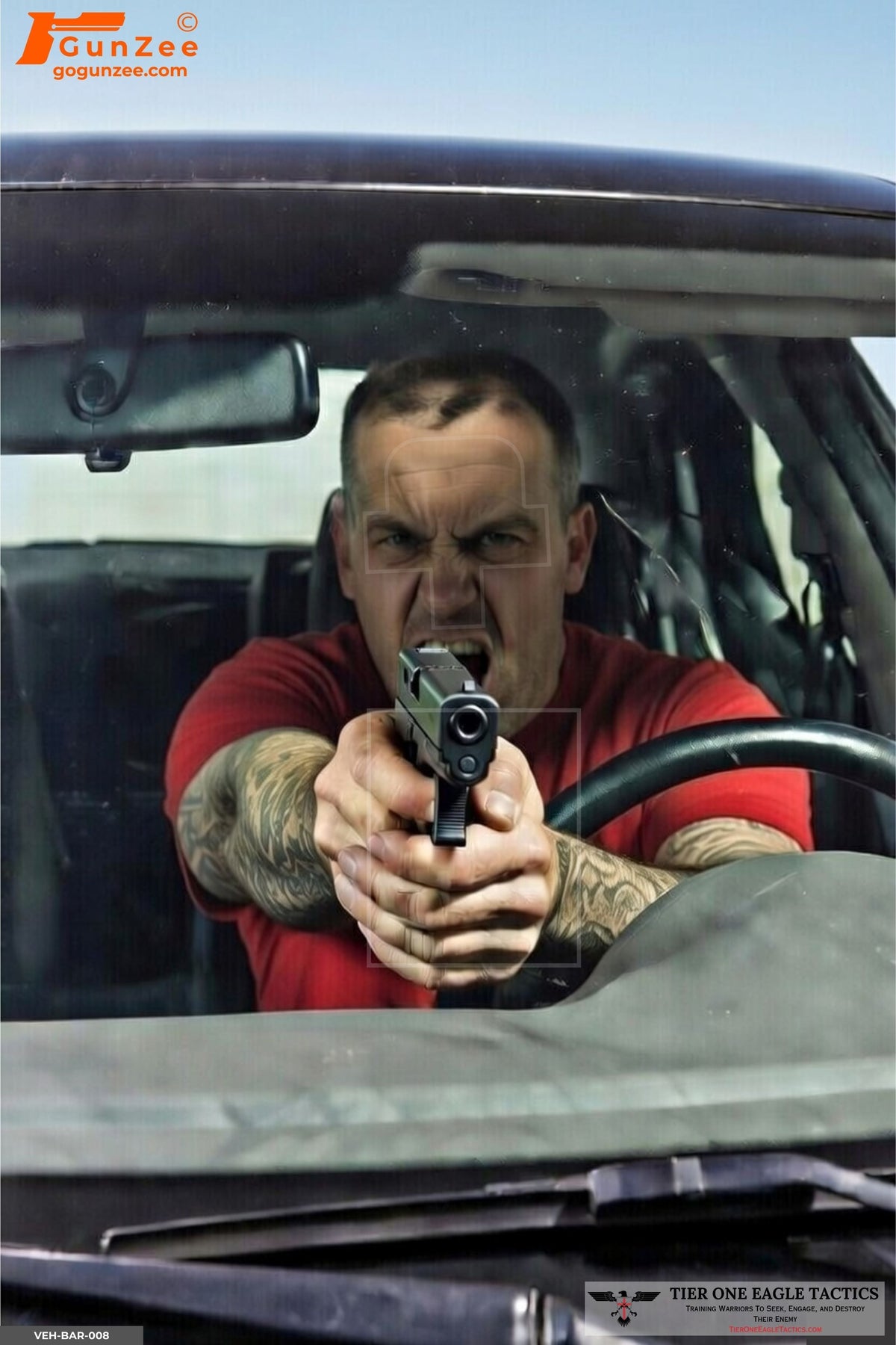 Vehicle barrier shooting target of an armed driver seated behind the wheel aiming a handgun straight out through the windshield, life-size 24 by 36 inch paper target