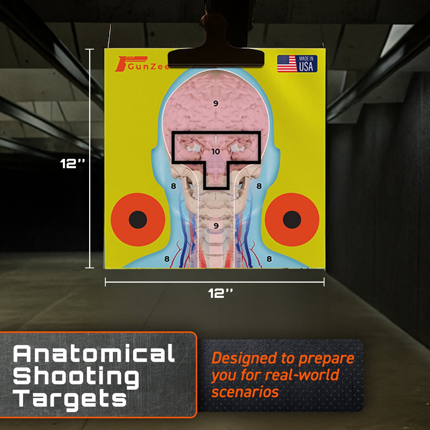 Anatomical shooting target with measurements and text on a dark background
