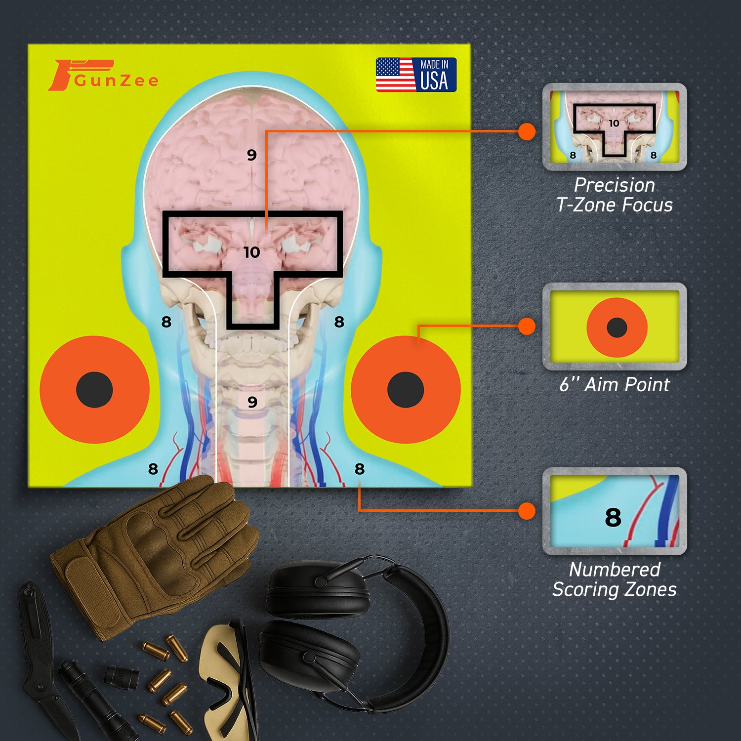 Gunny target with detailed design and accessories on a dark background