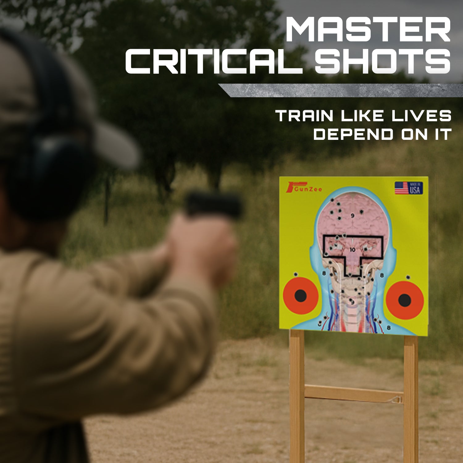 Person shooting a gun at a target with 'Master Critical Shots' text overlay.
