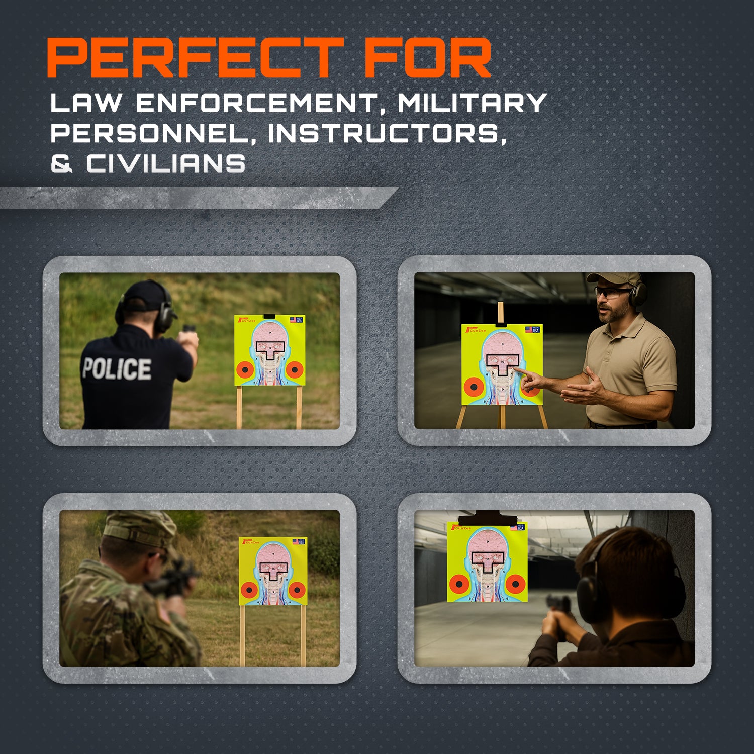 Promotional image for a product or service targeting law enforcement, military personnel, instructors, and civilians with text and images of people using a target.