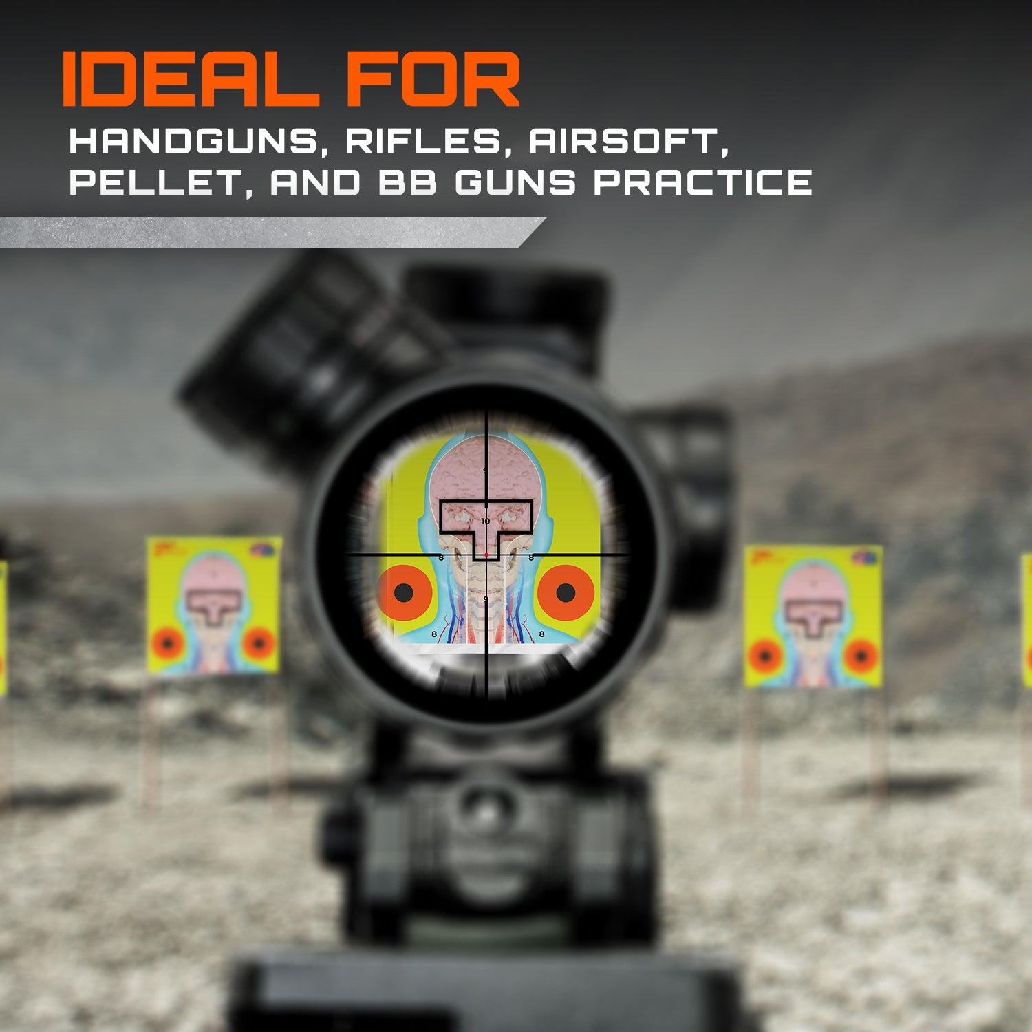 Sight in on a target with text indicating suitability for various firearms practice.