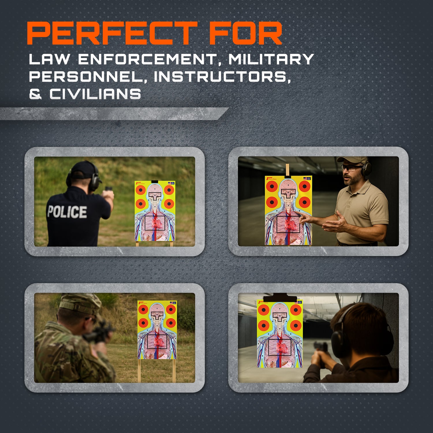 Targets for law enforcement, military personnel, instructors, and civilians with text on a dark background.