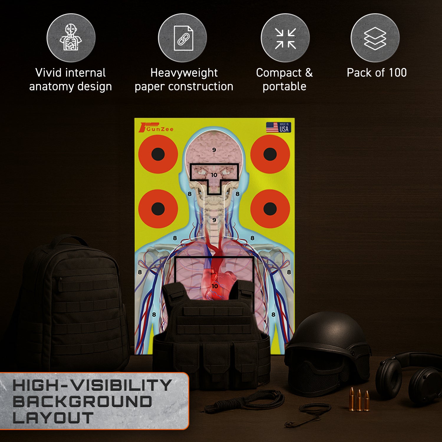 Anatomical target with features listed on a dark background