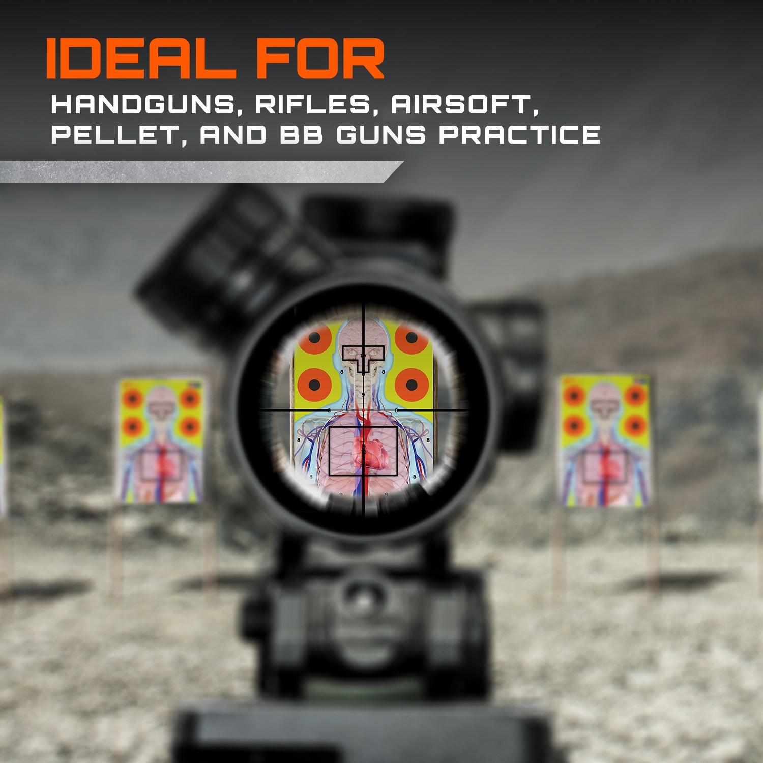 Sight in on targets with text 'Ideal for Handguns, Rifles, Airsoft, Pellet, and BB Guns Practice' against a blurred background.