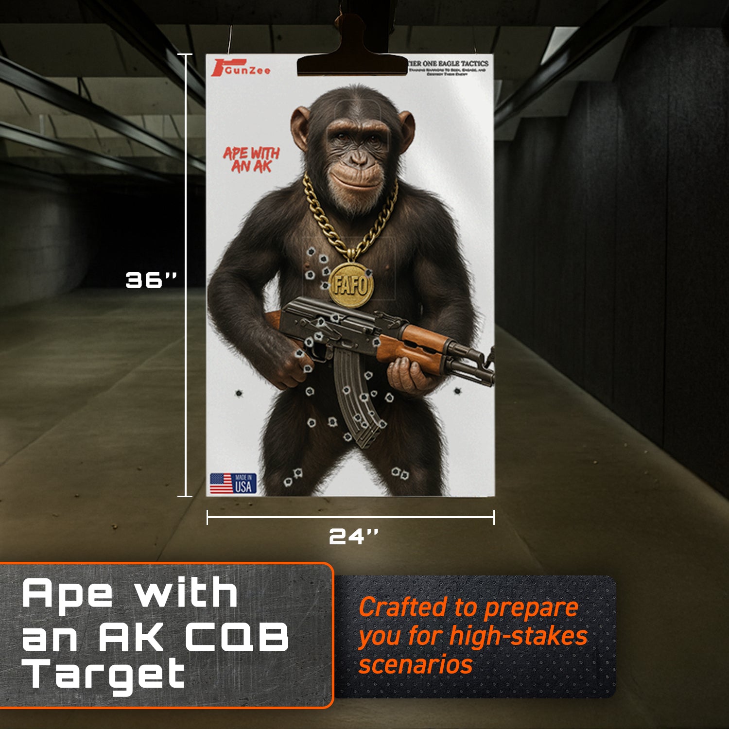 GunZee Ape with an AK CQB Shooting Targets, 24" x 36" Paper Targets for Shooting Range, Handgun, Airsoft Pistol, Rifle, BB Gun, Pellet Gun Practice, Tactical & Self-Defense Training, 25-Pack