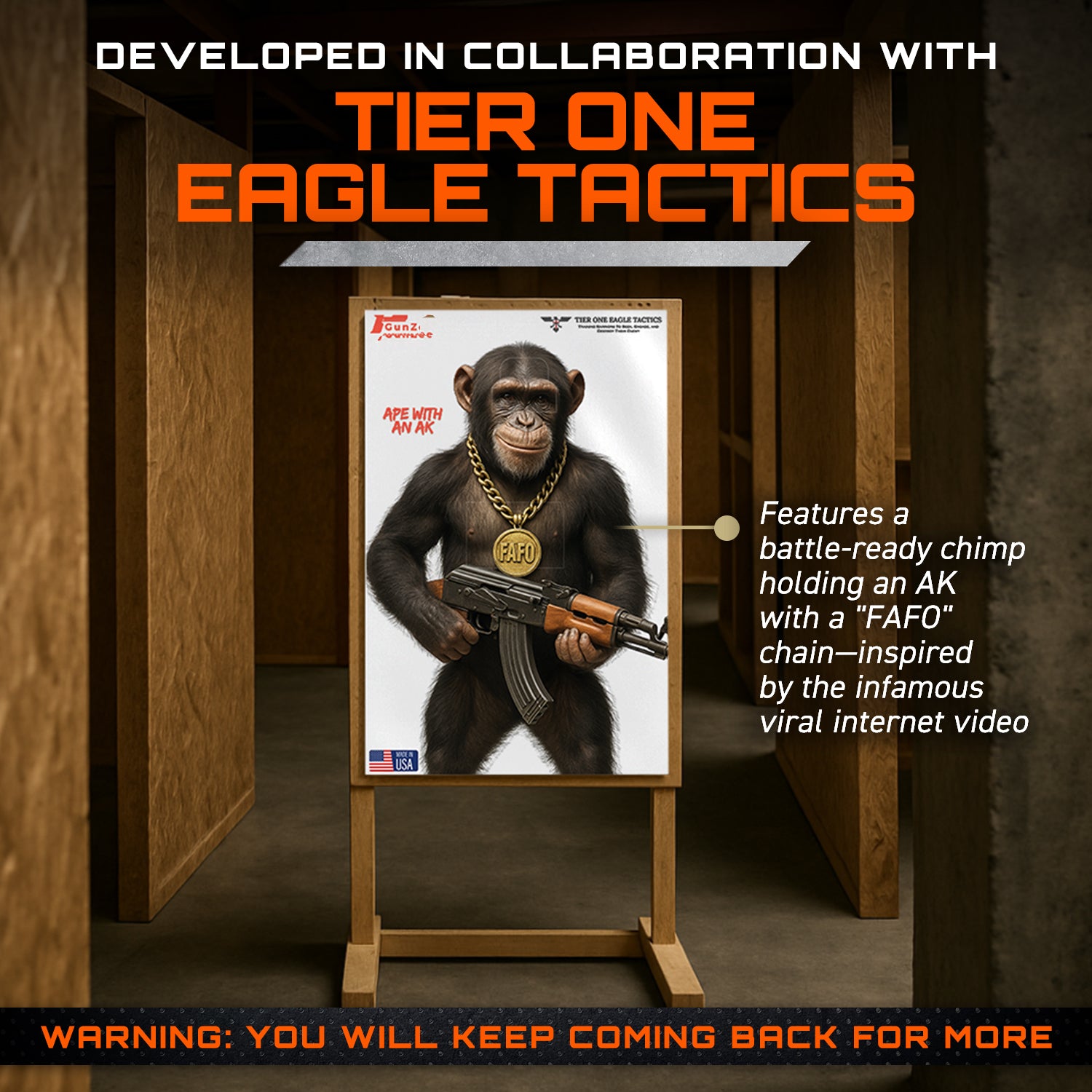 GunZee Ape with an AK CQB Shooting Targets, 24" x 36" Paper Targets for Shooting Range, Handgun, Airsoft Pistol, Rifle, BB Gun, Pellet Gun Practice, Tactical & Self-Defense Training, 25-Pack