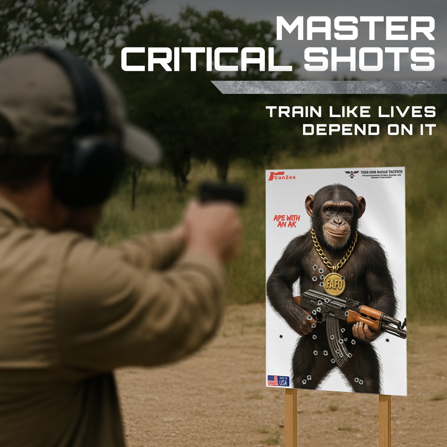 GunZee Ape with an AK CQB Shooting Targets, 24" x 36" Paper Targets for Shooting Range, Handgun, Airsoft Pistol, Rifle, BB Gun, Pellet Gun Practice, Tactical & Self-Defense Training, 25-Pack