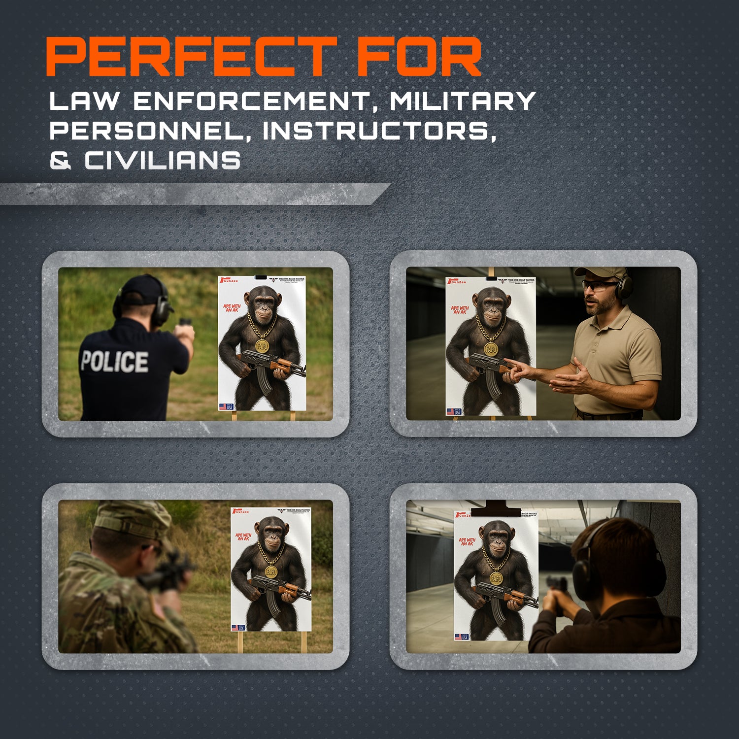 GunZee Ape with an AK CQB Shooting Targets, 24" x 36" Paper Targets for Shooting Range, Handgun, Airsoft Pistol, Rifle, BB Gun, Pellet Gun Practice, Tactical & Self-Defense Training, 25-Pack