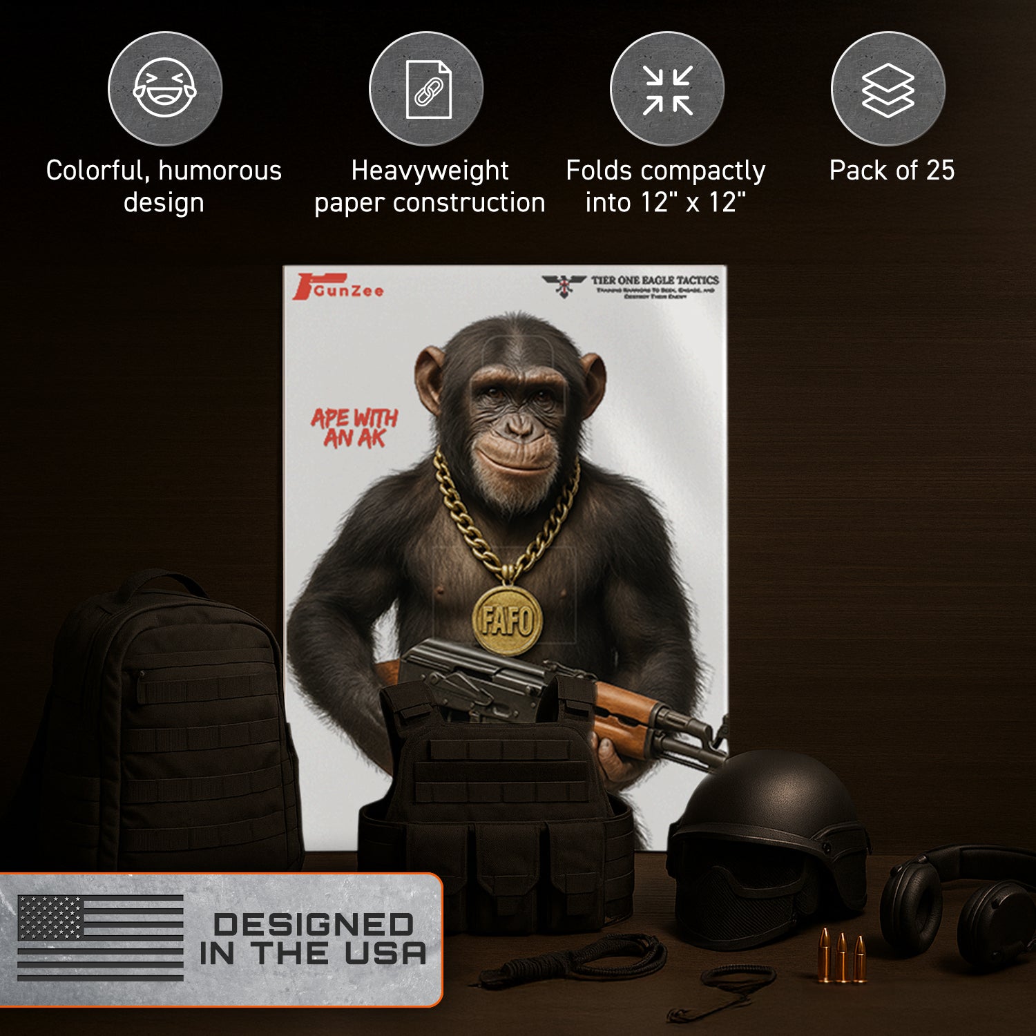 GunZee Ape with an AK CQB Shooting Targets, 24" x 36" Paper Targets for Shooting Range, Handgun, Airsoft Pistol, Rifle, BB Gun, Pellet Gun Practice, Tactical & Self-Defense Training, 25-Pack