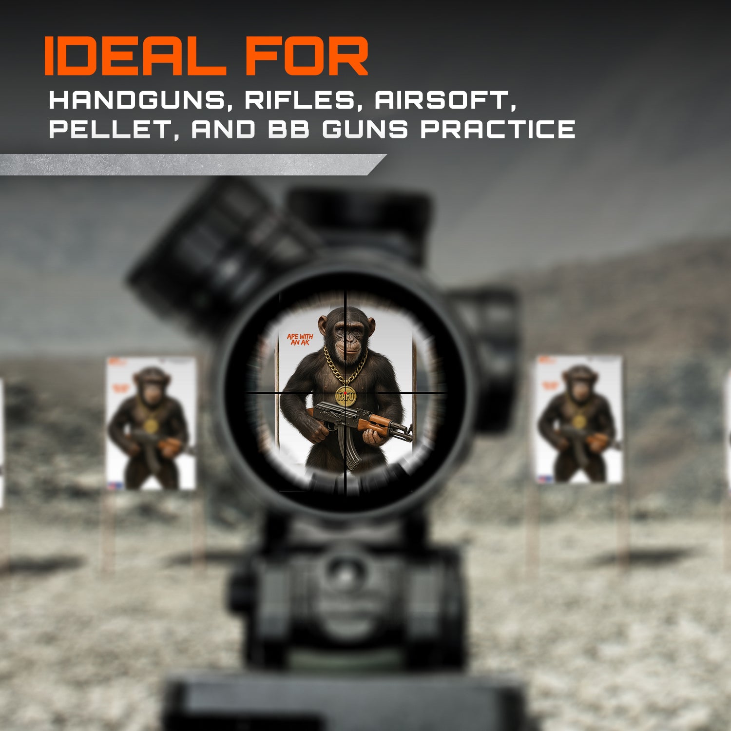 GunZee Ape with an AK CQB Shooting Targets, 24" x 36" Paper Targets for Shooting Range, Handgun, Airsoft Pistol, Rifle, BB Gun, Pellet Gun Practice, Tactical & Self-Defense Training, 25-Pack