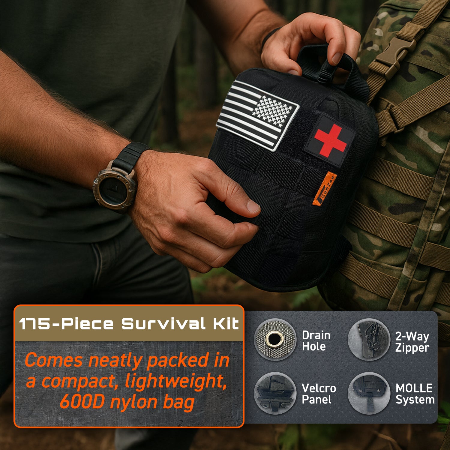 Survival Kit, 175Pcs Survival Gear First Aid Kit with Molle System Compatible Bag