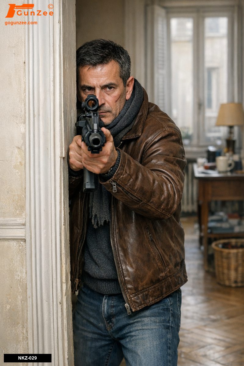 Man in brown leather jacket aiming a rifle around a doorway in an apartment setting, focused expression.