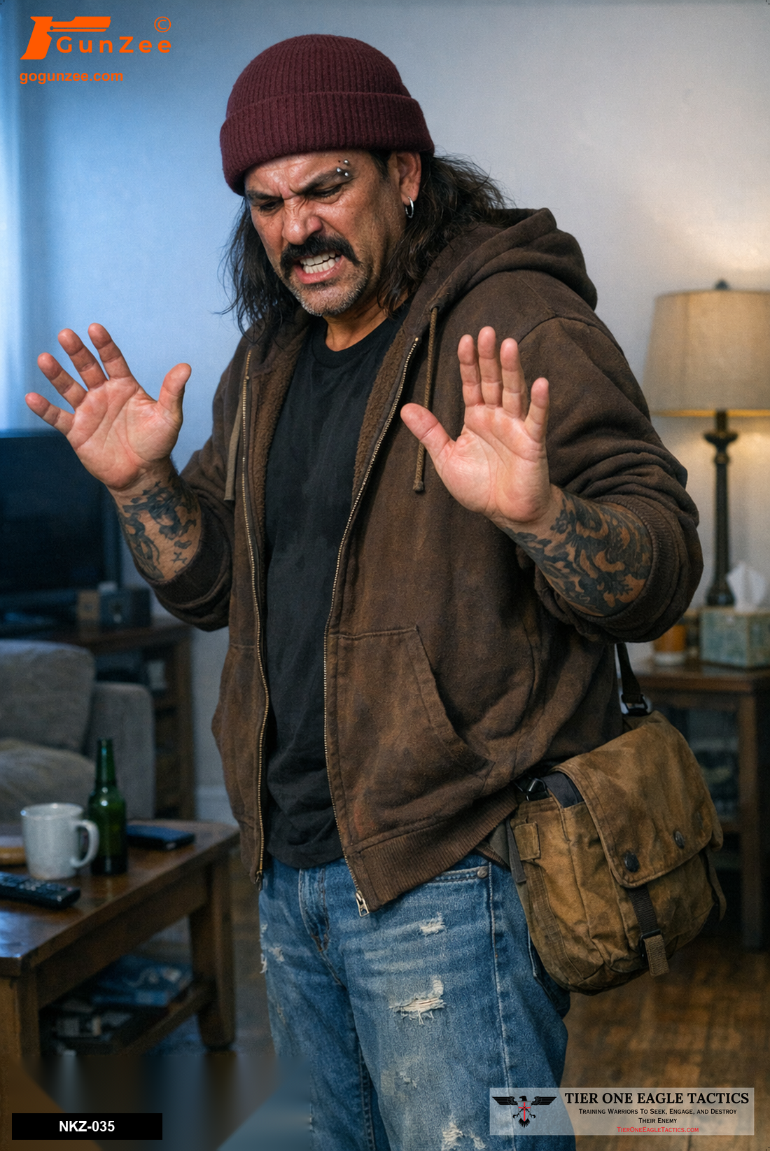 Man with raised hands in a living room, non-threatening posture, no visible weapon