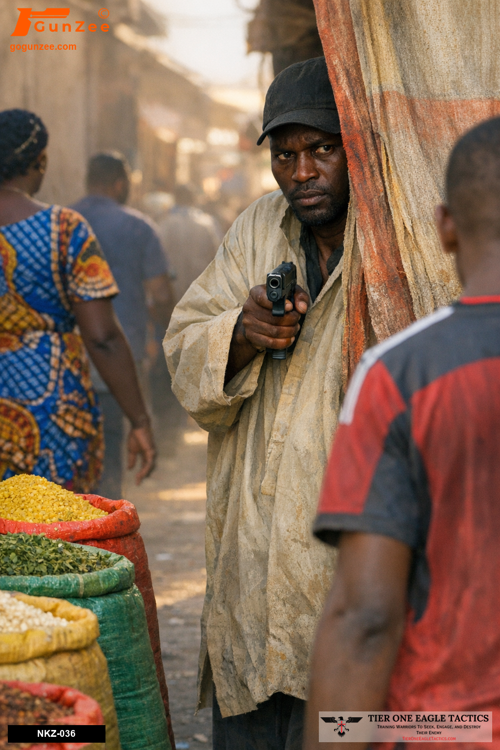 Market alley scene with armed male in a cap aiming a pistol, bystanders visible.