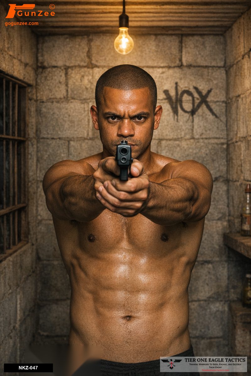 Prison cell scene with an armed male aggressor aiming a pistol directly forward.