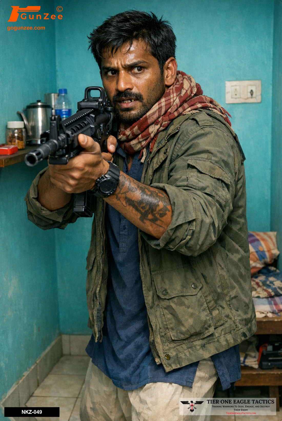 Man in home interior aiming rifle forward, intense expression, teal walls.
