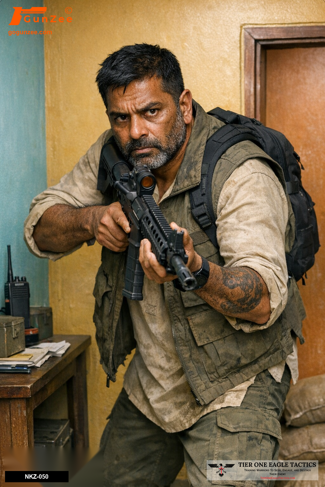 Male advancing through a doorway with a rifle, intense expression, tactical gear.