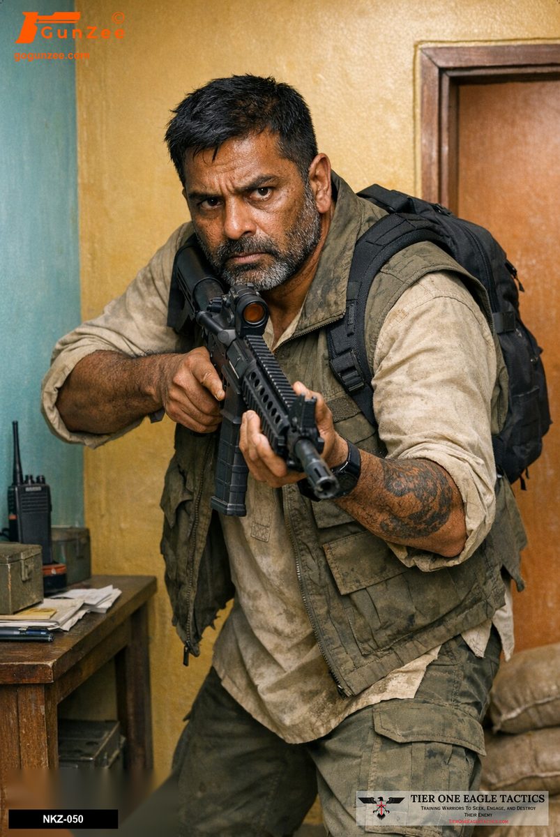 Male advancing through a doorway with a rifle, intense expression, tactical gear.
