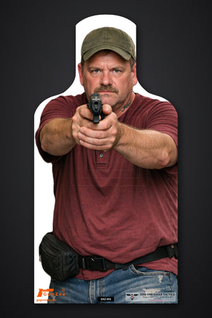 Life-size E-type silhouette target: heavyset man in an olive cap and maroon henley with a waist pack, aiming a pistol at arm's length