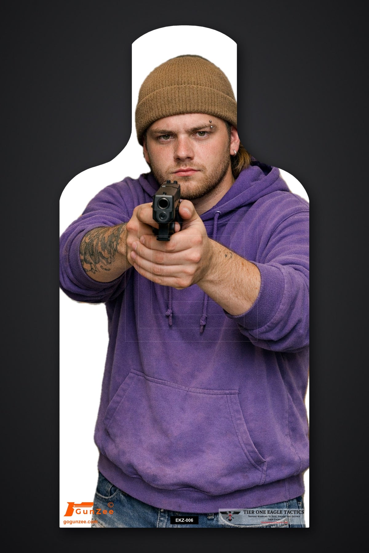Life-size E-type silhouette target: young man in a tan beanie and purple hoodie aiming a pistol with both hands