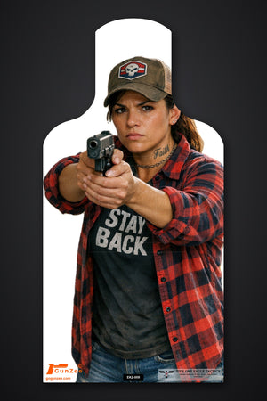 Life-size E-type silhouette target: woman in a trucker cap and red plaid flannel over a STAY BACK t-shirt aiming a pistol