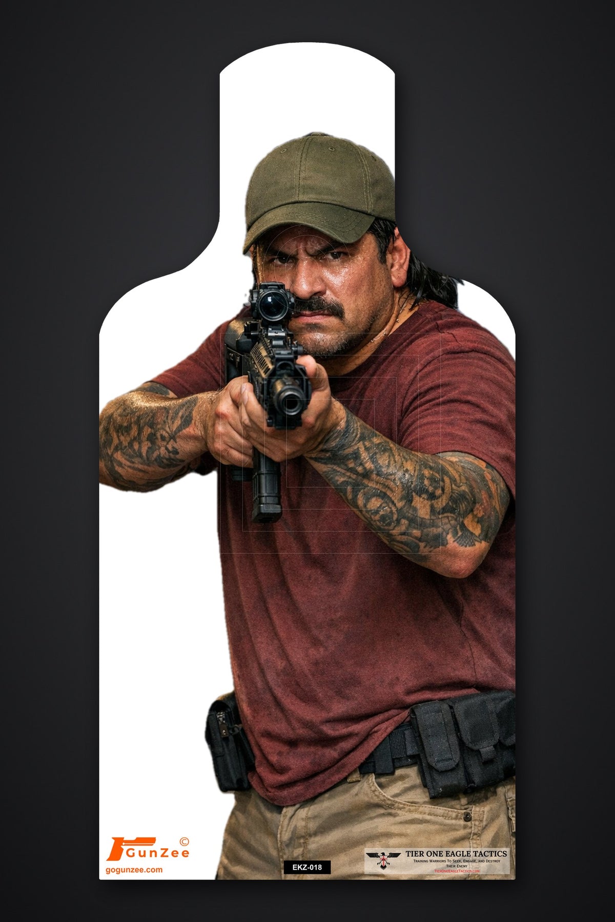 Life-size E-type silhouette target: man in an olive cap with tattooed arms sighting a pistol fitted with an optic, belt pouches at his waist