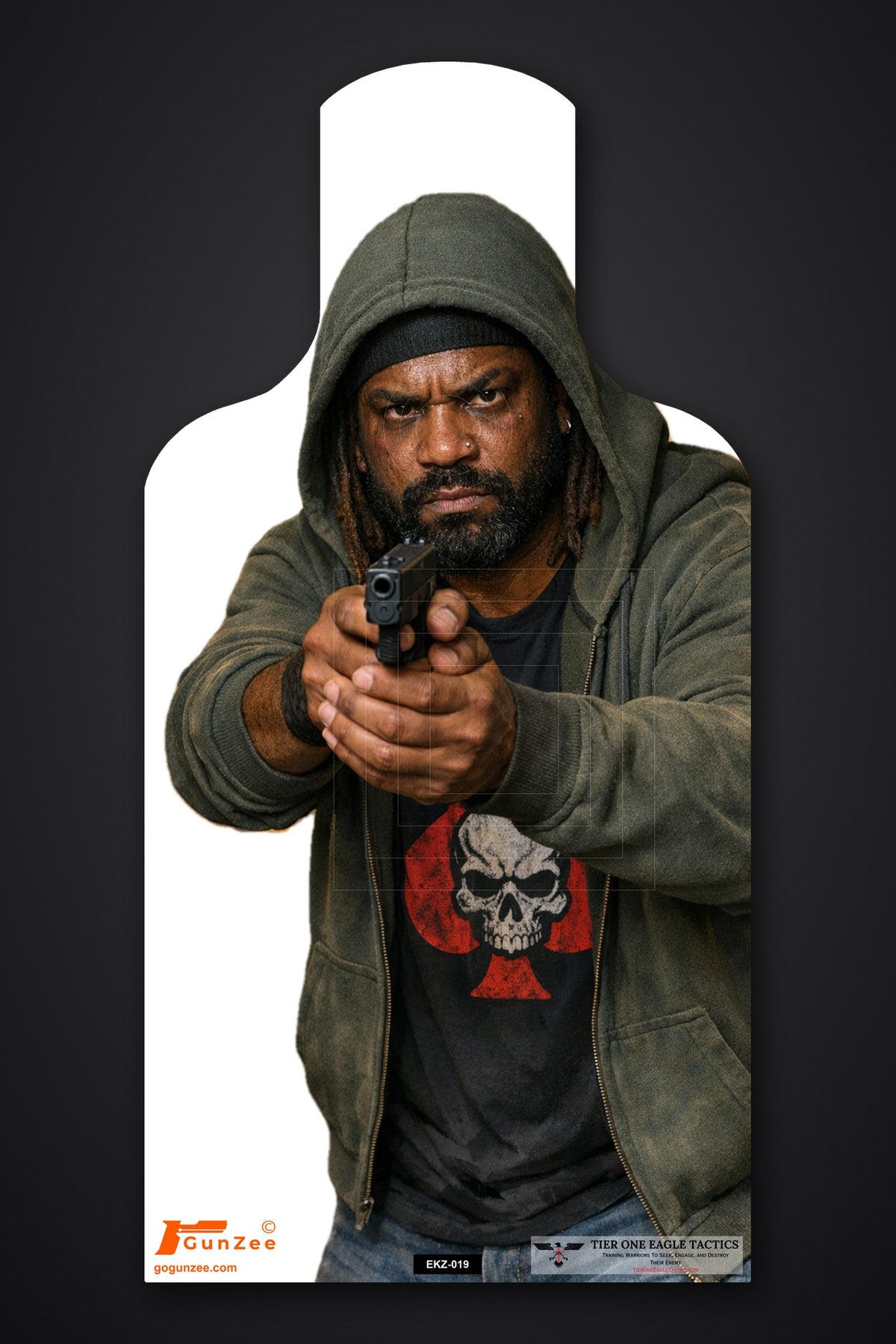 Life-size E-type silhouette target: bearded man with dreadlocks under a gray-green hood aiming a pistol with both hands