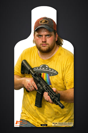 Life-size E-type silhouette target: heavyset bearded man in a trucker cap and yellow graphic t-shirt holding a carbine at low ready