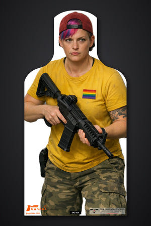 Life-size E-type silhouette target: woman in a backwards red cap and yellow t-shirt holding a carbine at low ready, holster on her belt