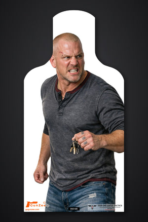 Life-size E-type silhouette no-shoot target: muscular man with a buzz cut snarling and stepping forward with keys in his fist