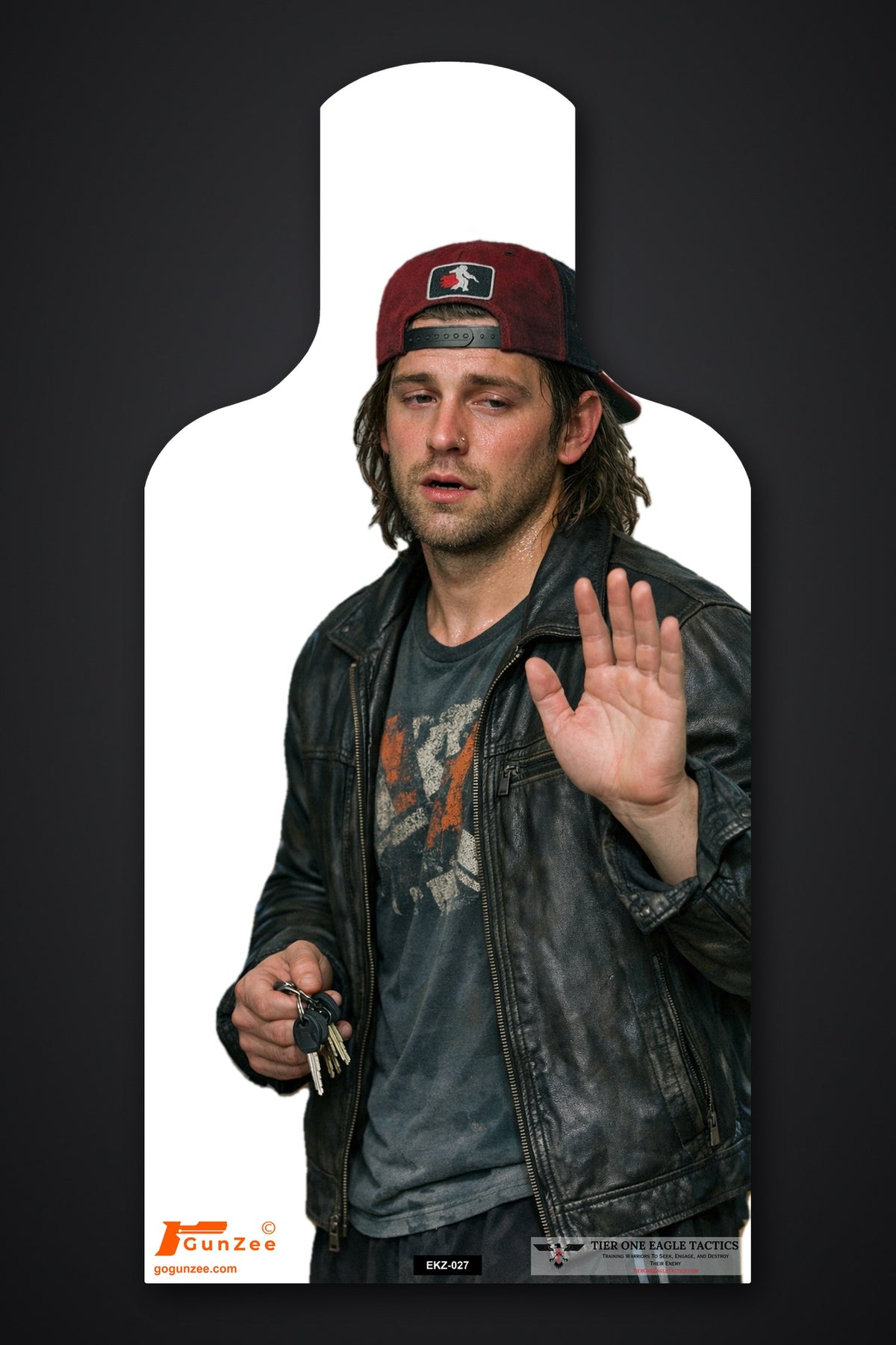 E-type silhouette no-shoot target: young man in a backwards red cap and leather jacket with one palm raised and keys in the other hand