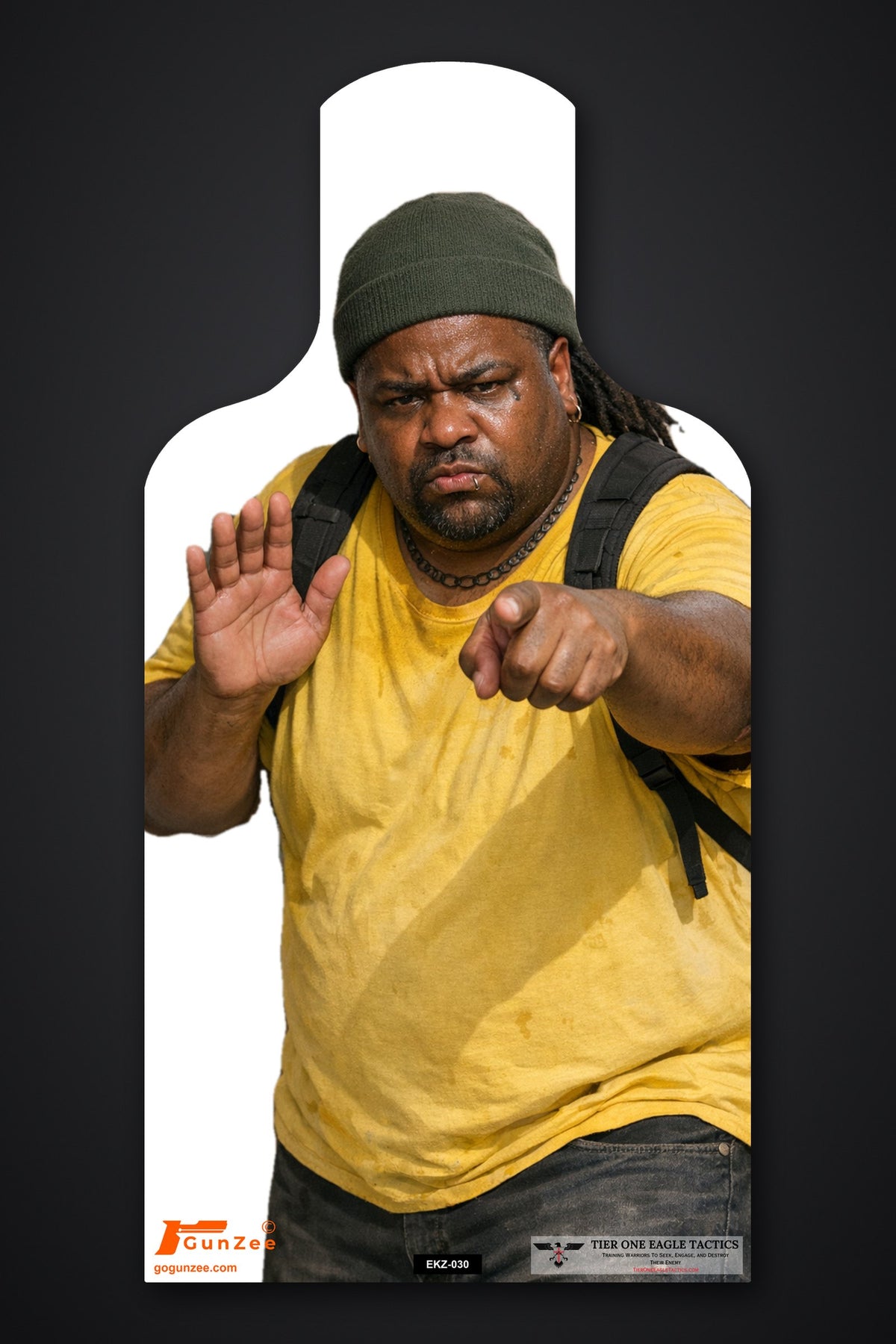 Life-size E-type silhouette no-shoot target: heavyset man in an olive beanie and yellow t-shirt with one palm raised and the other hand pointing