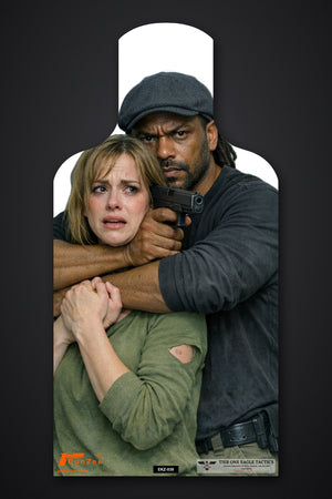 Life-size E-type silhouette hostage target: bearded man in a flat cap holding a blonde woman around the neck with a pistol at her head