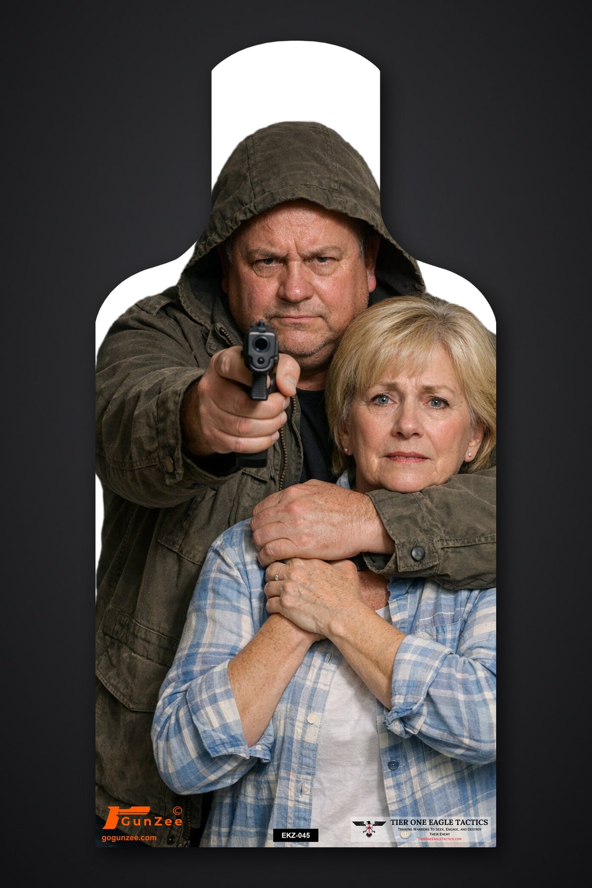 Life-size E-type silhouette hostage target: heavyset man in an olive hood aiming a pistol at the viewer with his arm around an older blonde woman