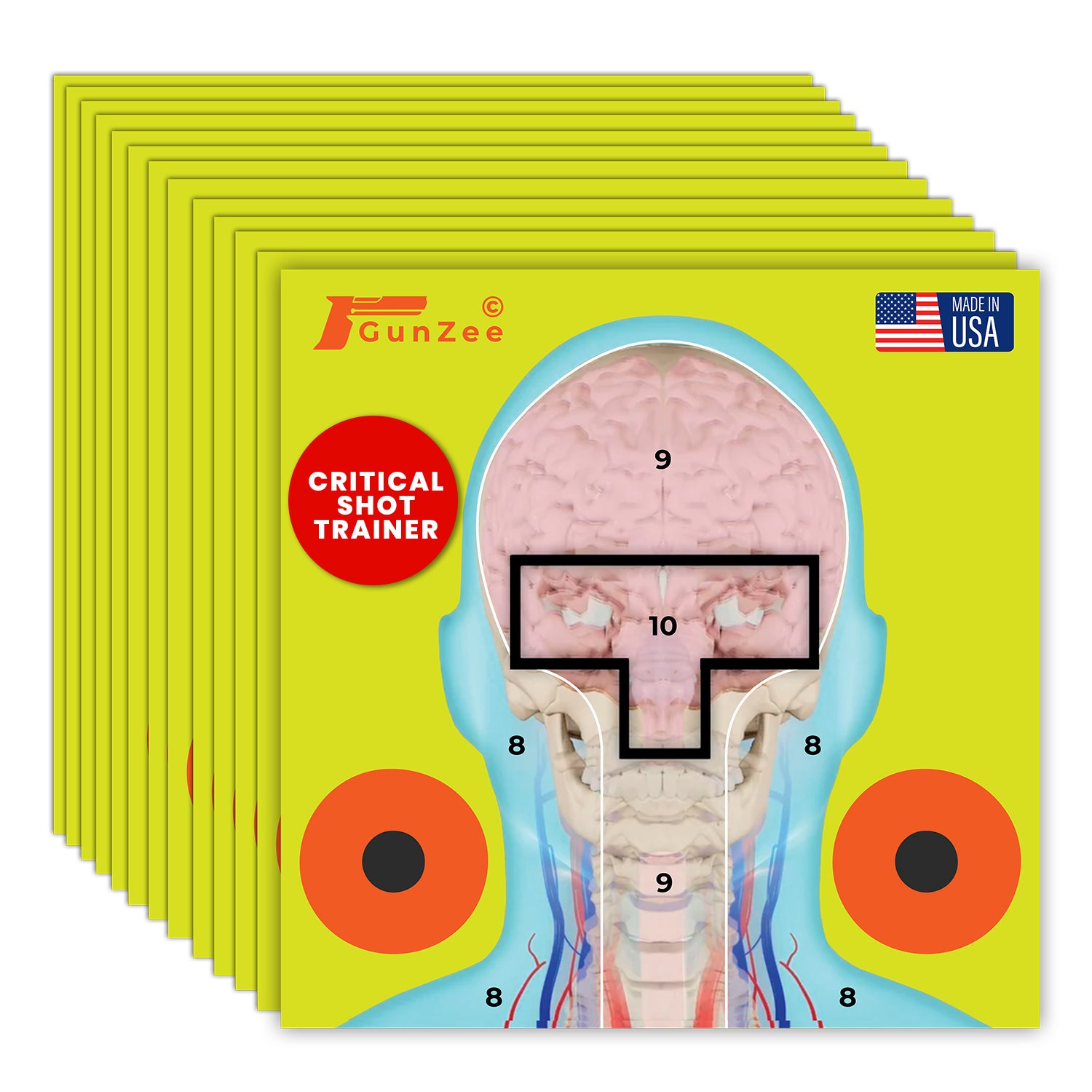 Stack of GunZee critical shot trainer books with anatomical diagram on a white background