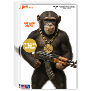 Chimpanzee toy with AK47 gun and 'FAFO' medal on a white background