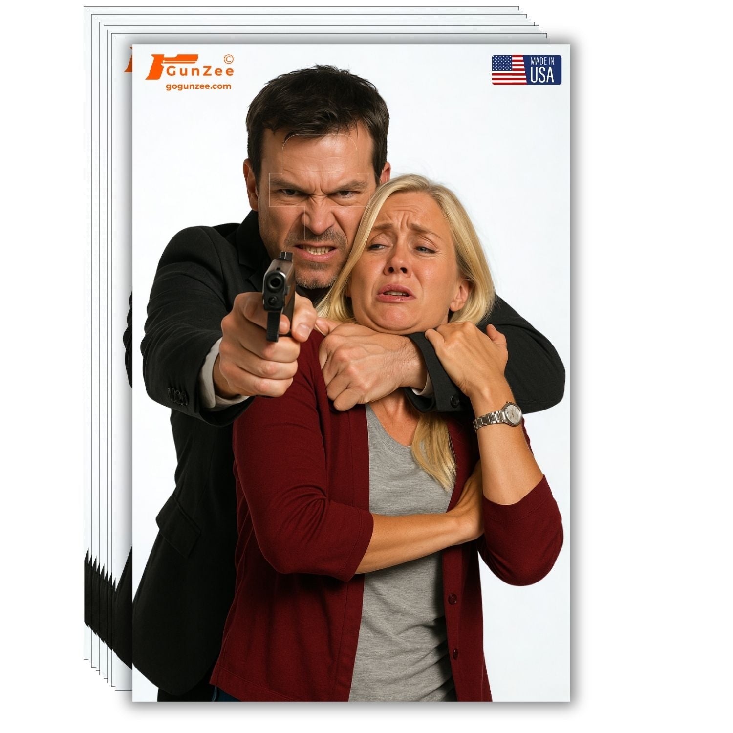 Man pointing a gun at a woman with 'GunZee' branding on a white background