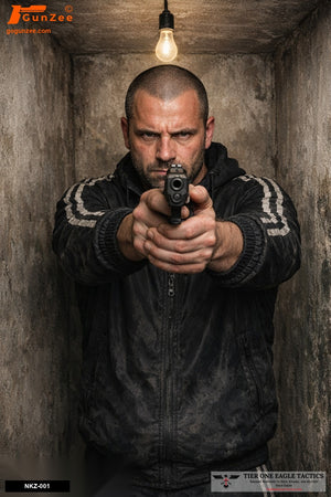 Man in a basement aiming a pistol forward, intense expression, confined space.