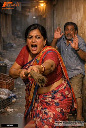 Woman in alleyway charging with stick, bystander in background, aggressive threat scenario.