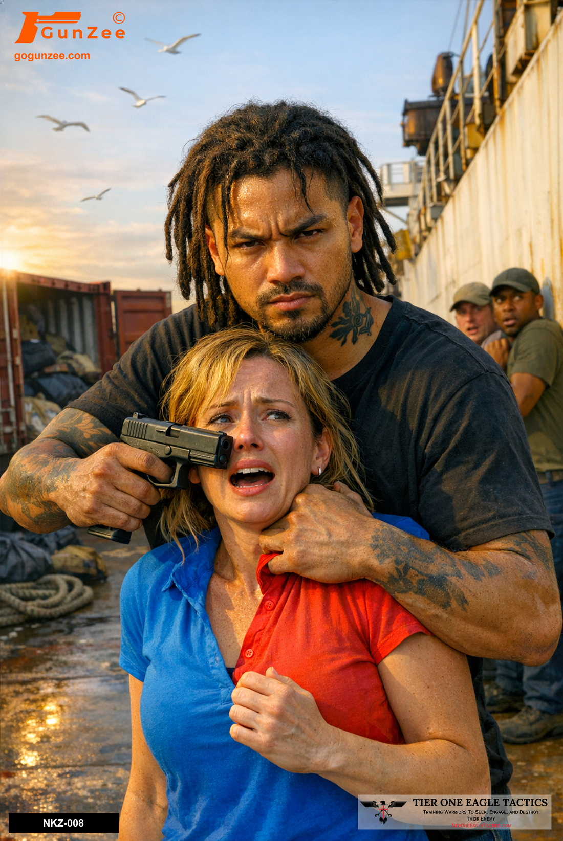 Cargo ship deck scene with hostage, armed male with handgun, distressed female hostage