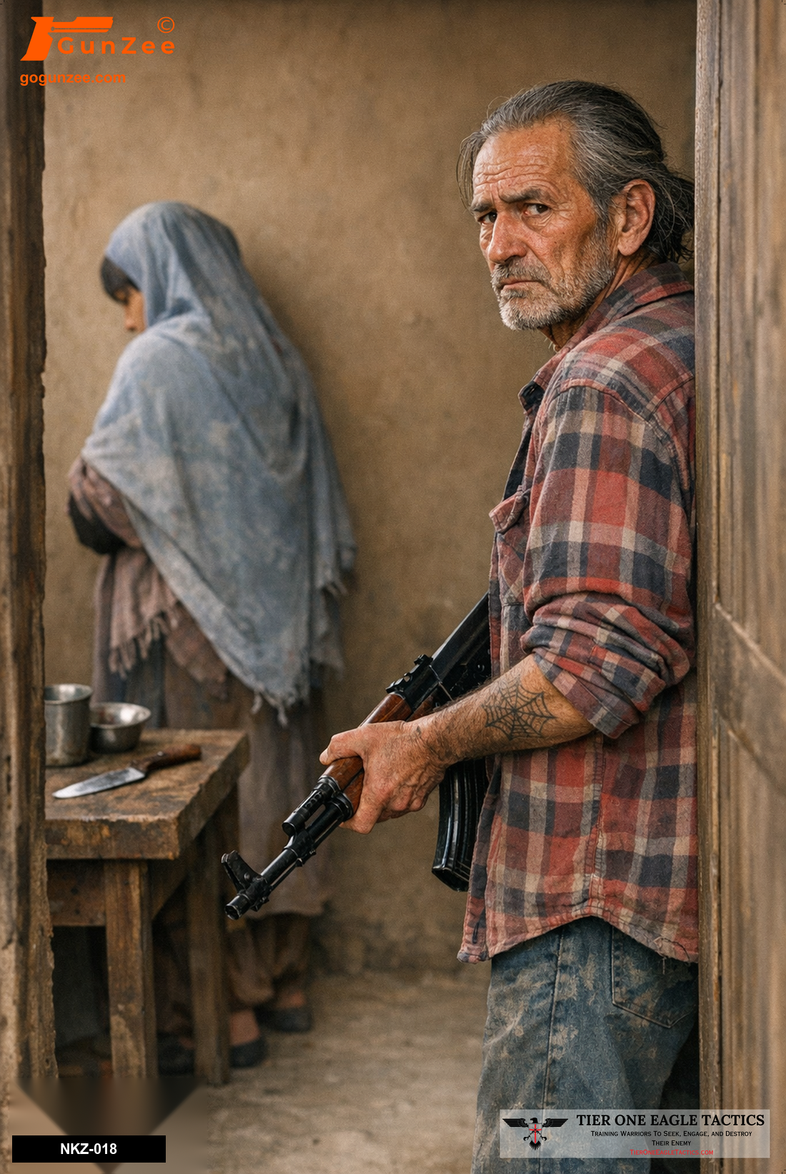 Older male with rifle in doorway, woman in background, kitchen setting, potential threat.