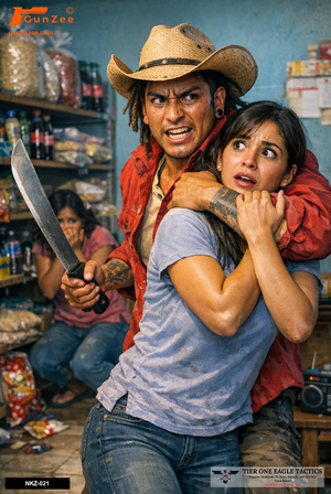 Hostage scenario in a market with a man holding a machete and a distressed woman in his grip.