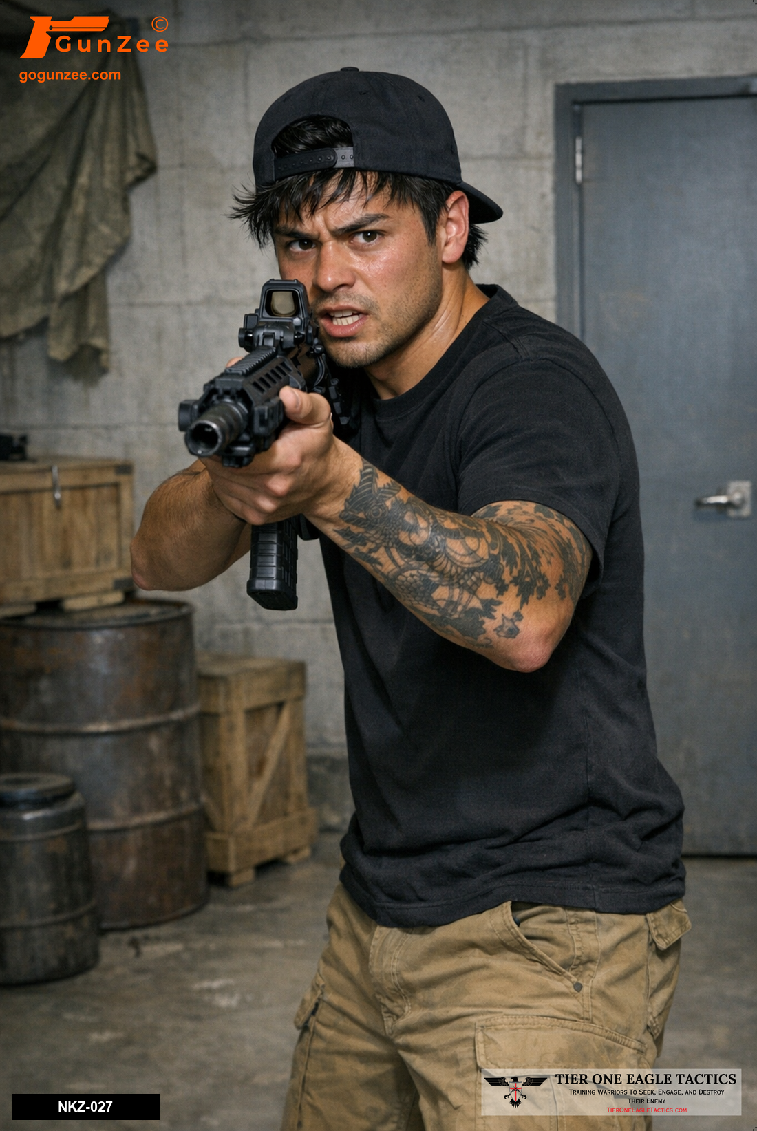 Male in a warehouse aiming an AR-15 forward, black shirt, khaki pants, aggressive expression.