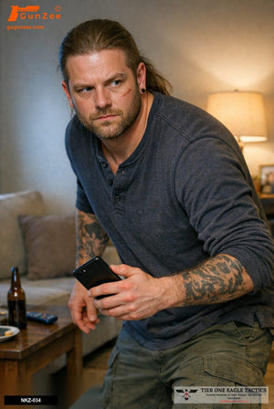 Man in living room with smartphone, alert and focused, potential home defense scenario