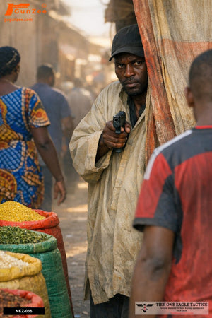 Market alley scene with armed male in a cap aiming a pistol, bystanders visible.