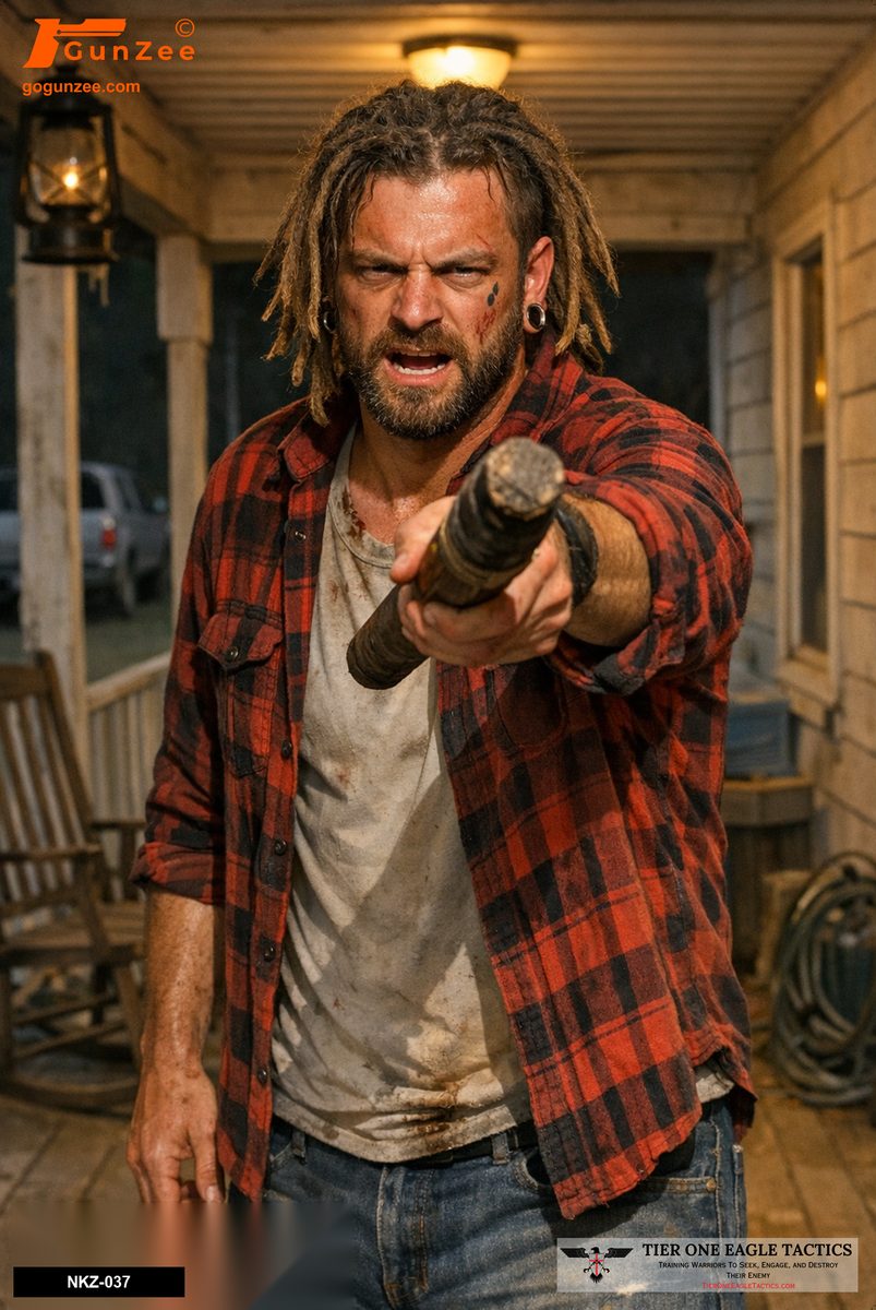 Man on porch with dreadlocks holding a wooden pipe aggressively forward