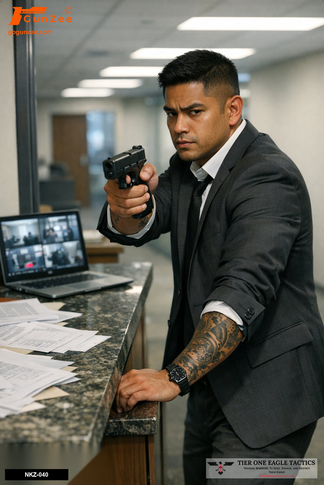 Office setting with an armed male suspect in a suit aiming a pistol forward, indicating an immediate threat.