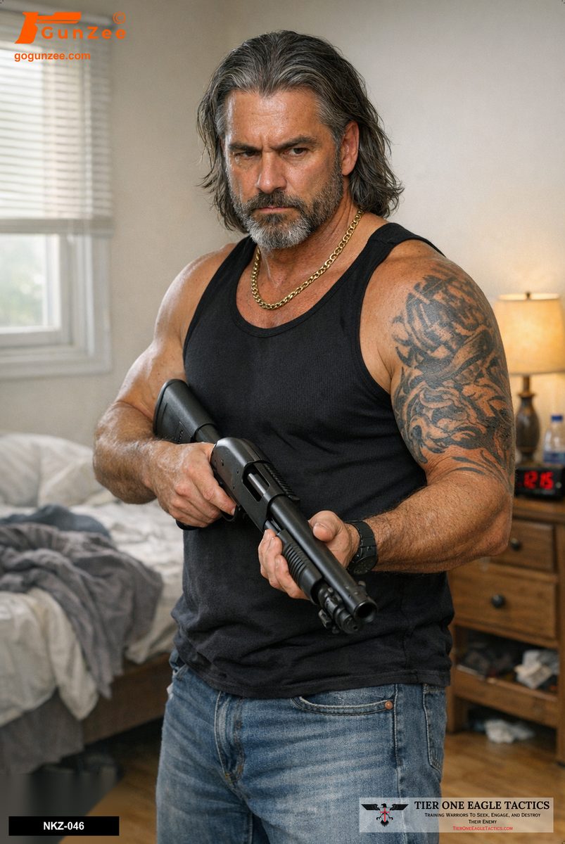 Man holding shotgun in bedroom, low ready position, intense expression.