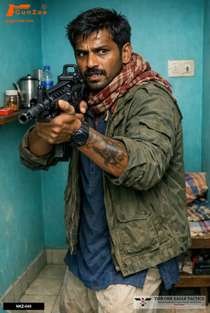 Man in home interior aiming rifle forward, intense expression, teal walls.